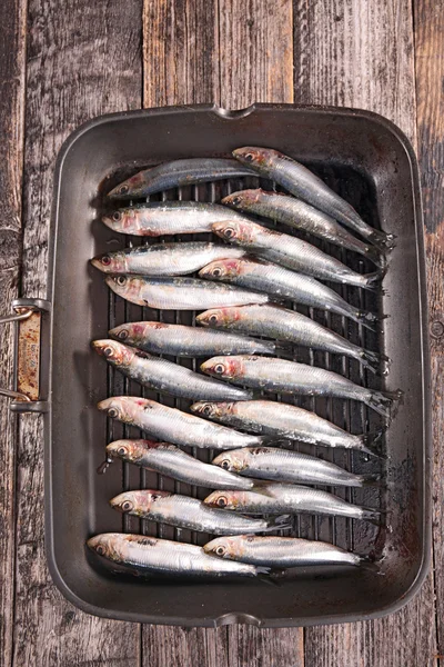 Fresh sardines on wooden table — Stock Photo, Image