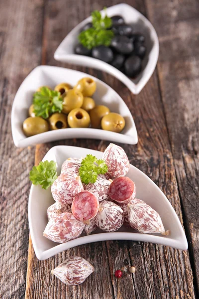 Smoked Salami balls, olives — Stock Photo, Image