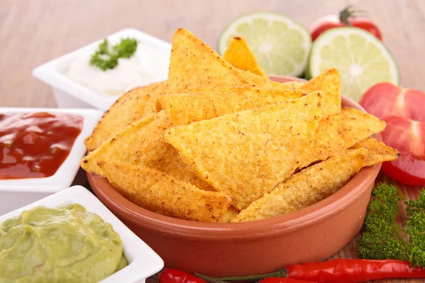 Tortilla chip and dips — Stock Photo, Image