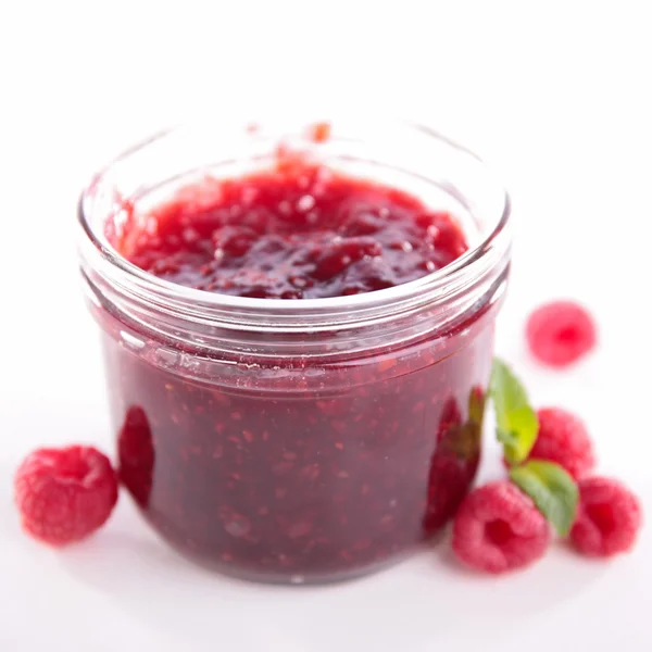 Raspberry jam and fresh raspberry — Stock Photo, Image