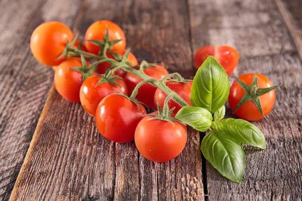 Pomodori freschi e basilico su legno — Foto Stock