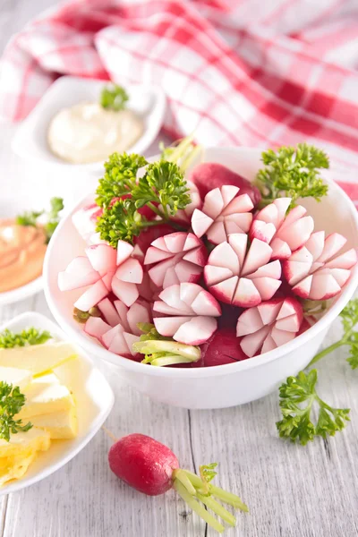 Fresh radish with sauces and butter — Stock Photo, Image
