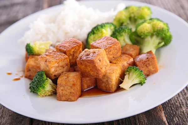 stock image Grilled tofu with broccoli and rice