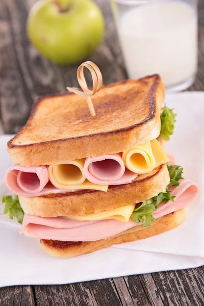Sandwich, milk and apple — Stock Photo, Image