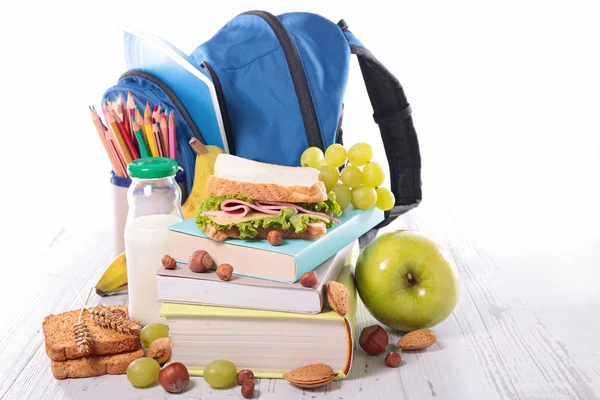 School supplies and healthy food — Stock Photo, Image