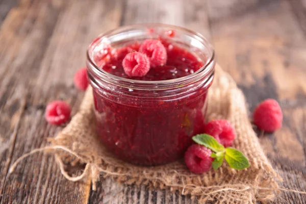 Raspberry jam in jar — Stock Photo, Image