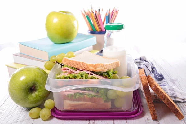 School supplies and healthy food — Stock Photo, Image