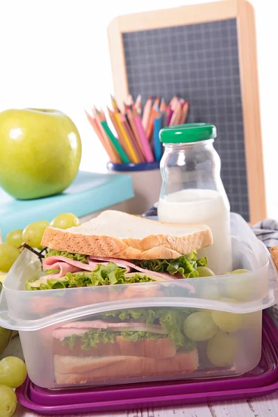 School supplies and healthy food — Stock Photo, Image
