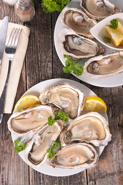 Ostras, mariscos con limón —  Fotos de Stock