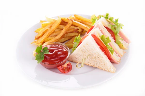 Club sandwich and french fries — Stock Photo, Image