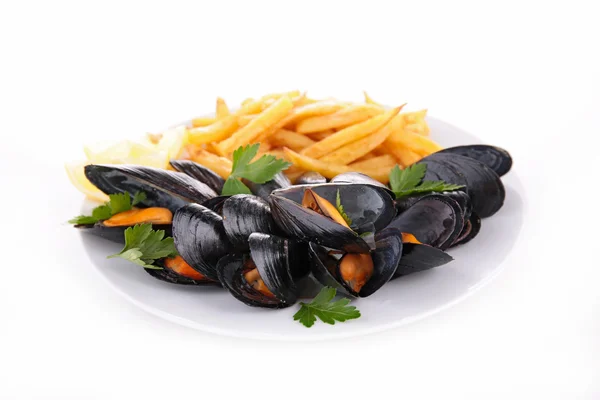 Moules, fruits de mer et frites — Photo