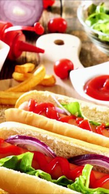 Ketçaplı ve marullu lezzetli sosisli sandviç.