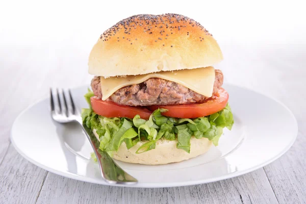 Hamburger, fast food sur assiette — Photo