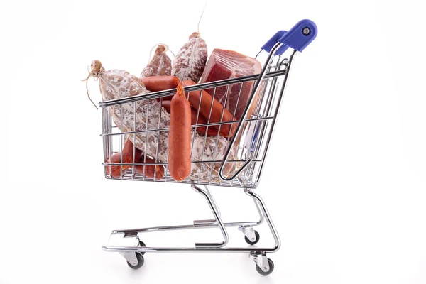 Trolley cart with meat and sausages — Stock Photo, Image