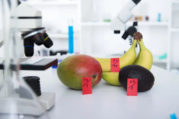 Chemisch laboratorium voor de voedselvoorziening. Voedsel in laboratorium, dna wijzigen . — Stockfoto