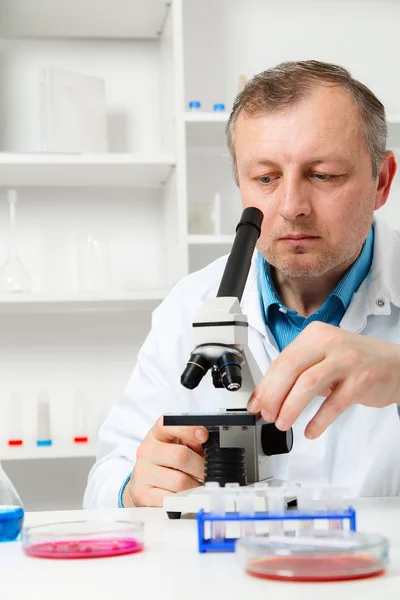 Ricercatore scientifico maschio che utilizza il microscopio in laboratorio . — Foto Stock