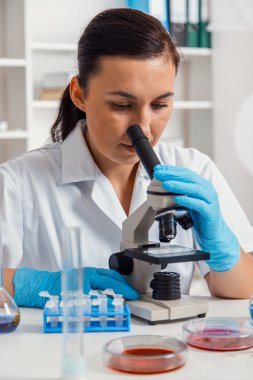 bir laboratuarda mikroskop ile çalışan kadın.