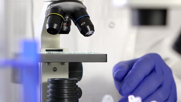 Onderzoeker werken in Lab met Microscope.researcher in biochemische lab. — Stockvideo