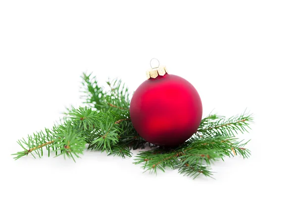 Christmas ball and green spruce branch, on white background — Stock Photo, Image