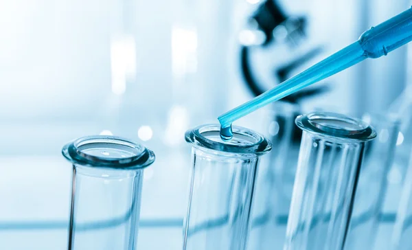 Pipette adding fluid to one of several test tubes .medical glassware — Stock Photo, Image