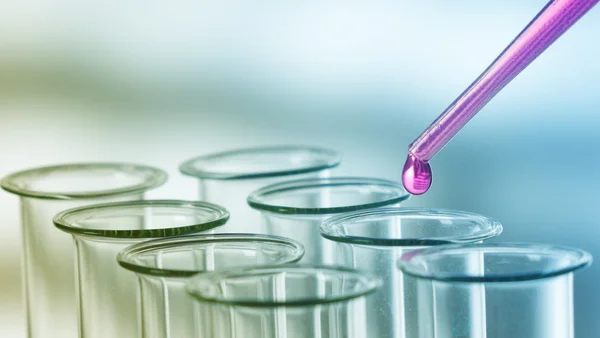 Pipette adding fluid to one of several test tubes .medical glass — Stock Photo, Image