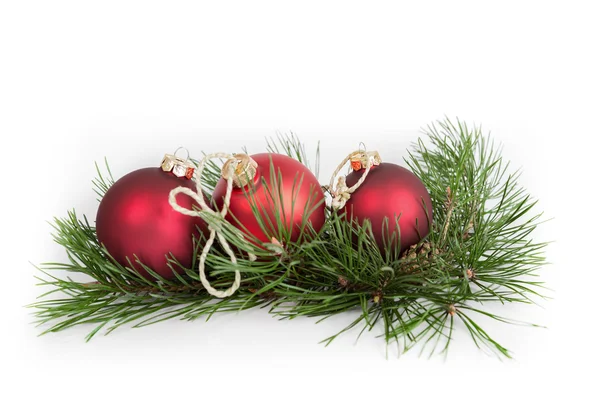 Christmas ball and green spruce branch, on white background — Stock Photo, Image