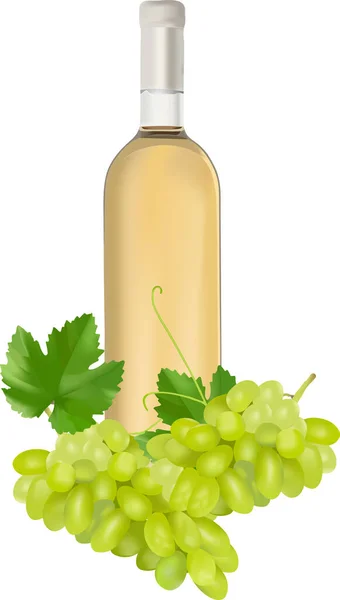 Butelka Białego Wina Dojrzałymi Winogronami — Wektor stockowy