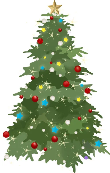 Arbre Noël Vert Avec Boules Étoiles — Image vectorielle