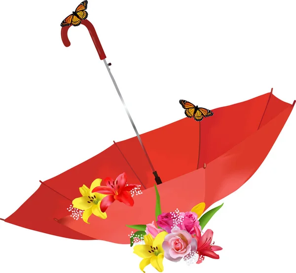 Bir buket bahçe ve açık kırmızı şemsiyeli yabani çiçekler. 