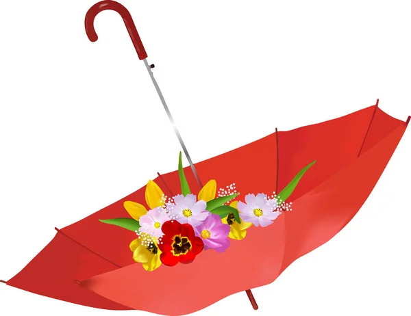 Bir buket bahçe ve açık kırmızı şemsiyeli yabani çiçekler. 