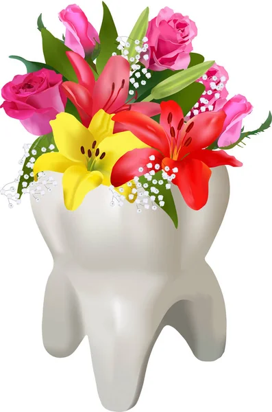 Bouquet Congratulazioni Con Rose Gigli Vaso Professione Dentista — Vettoriale Stock