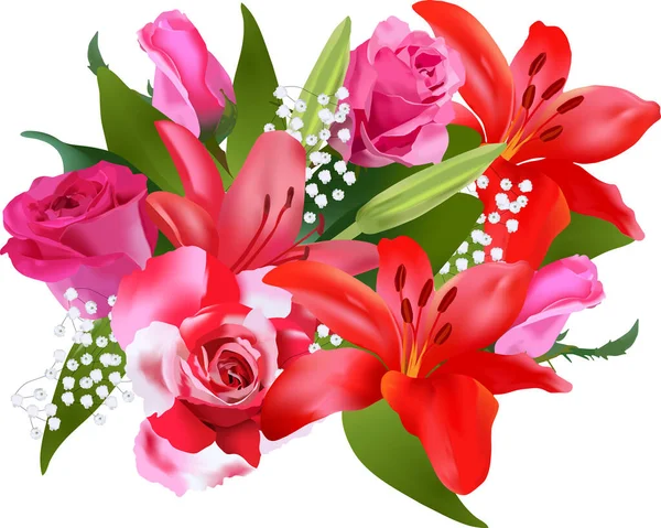 Bouquet Congratulations Roses Lilies — Stock Vector