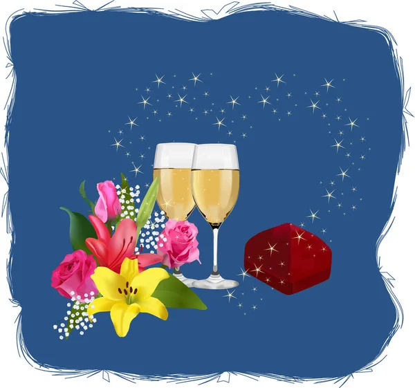 Şampanyalı iki bardak, gül ve zambaklı bir buket mavi arka planda bir mücevher kutusu. 