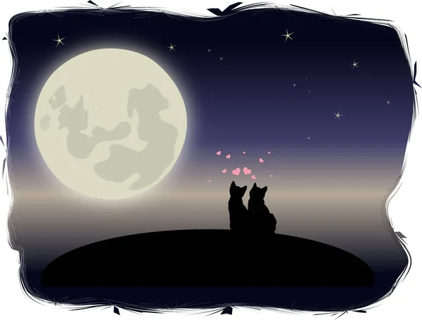 Deux Chats Noirs Amoureux Sur Fond Lune Nuit — Image vectorielle