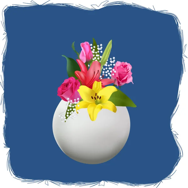 Runde Weiße Vase Mit Rosen Und Lilien — Stockvektor