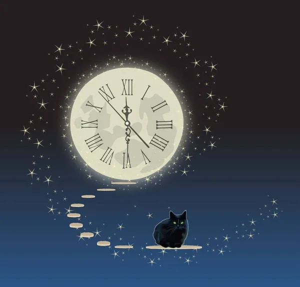Holdmacska Fekete Macska Holdfényes Ösvényen — Stock Vector