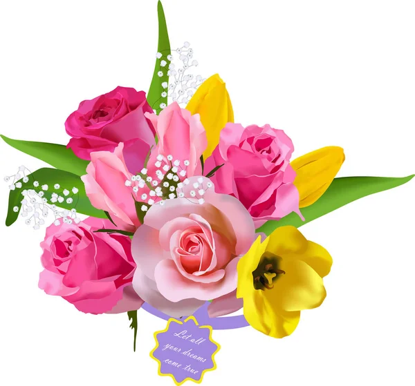 Bouquet Rose Tulipani Con Iscrizione Lascia Che Tutti Tuoi Sogni — Vettoriale Stock