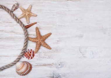 Deniz kabuklarını ve ip üzerinde eski püskü ahşap