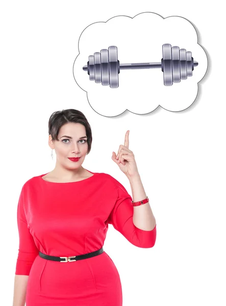 Plus size vrouw tonen op banner met dumbbell geïsoleerd — Stockfoto