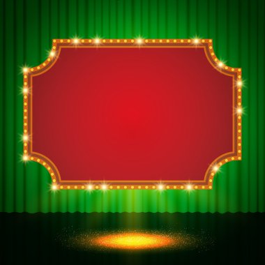 Retro casino banner yeşil sahne perdesi üzerinde parlayan