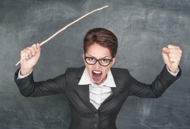 Angry screaming teacher with wooden stick  clipart