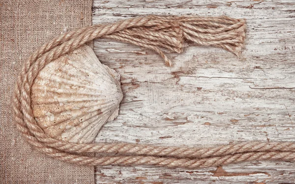 Grunge background with seashell, rope on sackcloth — Stock Photo, Image