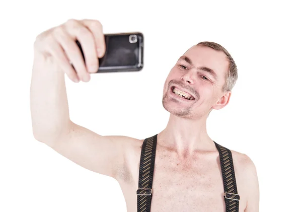 Смешной голый мужчина делает селфи — стоковое фото