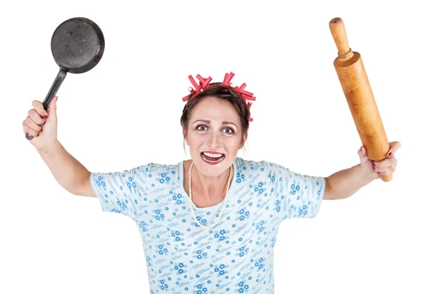 Dona de casa louco com rolo de pino e panela — Fotografia de Stock