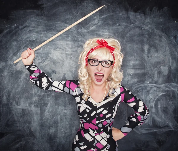 Angry screaming retro teacher with pointer — Stock Photo, Image