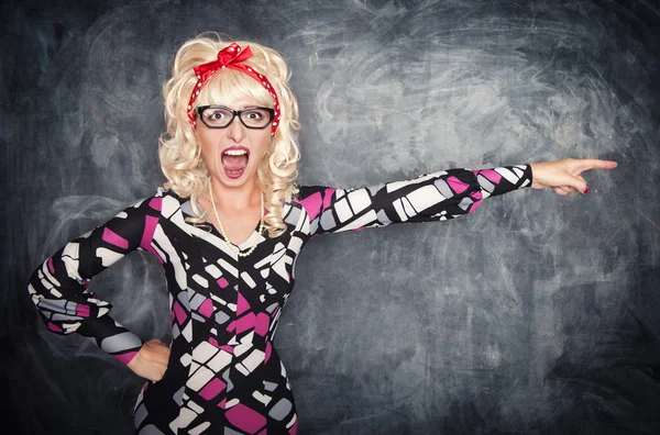 Angry screaming retro teacher pointing out — Stock Photo, Image