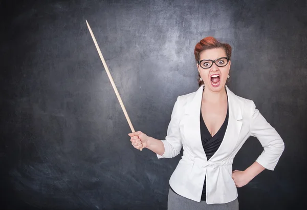 Angry screaming teacher with pointer — Stock Photo, Image