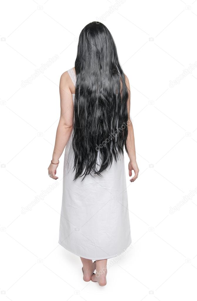 Mystical ghost woman in white long shirt back 