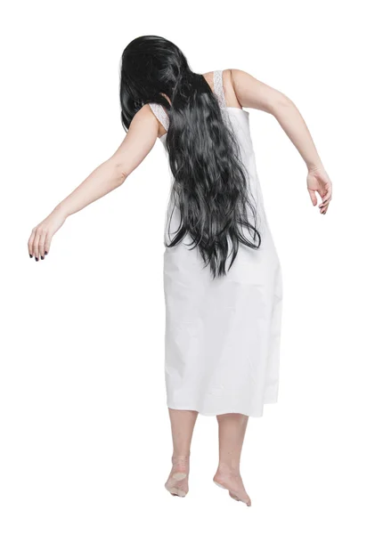 Mystical ghost woman in white long shirt back — Stock Photo, Image