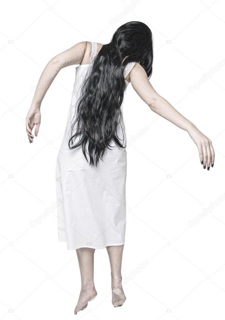 Mystical ghost woman in white long hands back 